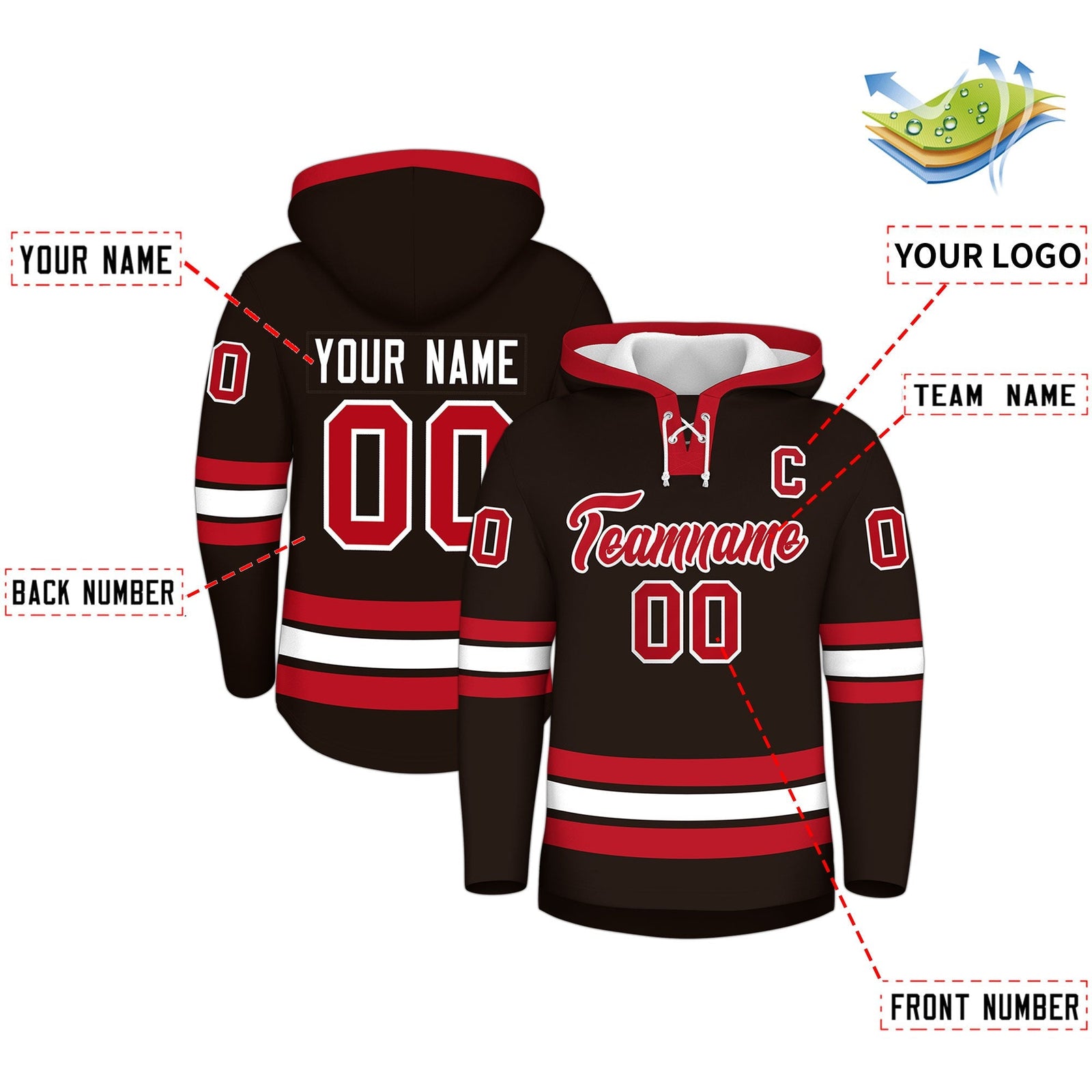 Custom Hockey Hoodie Jersey Brown Red Classic Style Add Name,Number & Logo