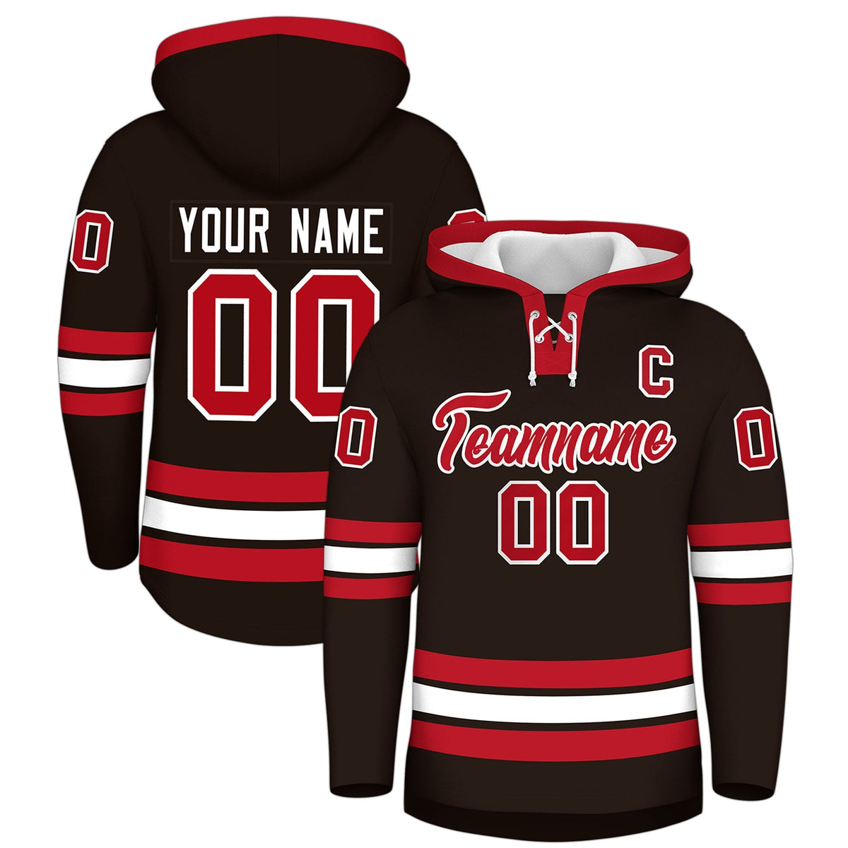 Custom Hockey Hoodie Jersey Brown Red Classic Style Add Name,Number &amp; Logo