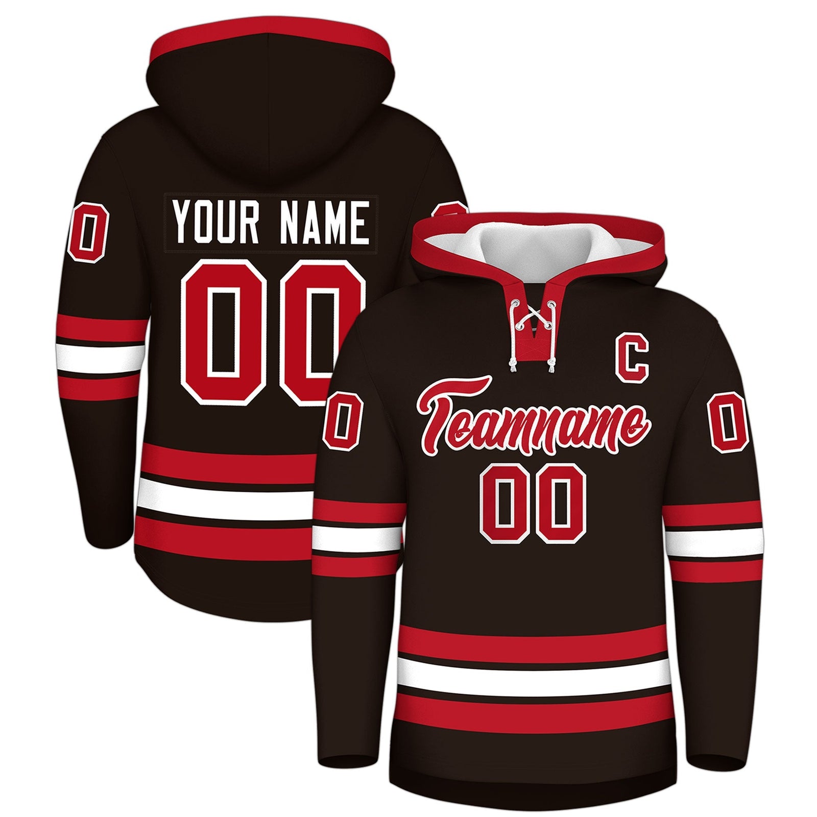 Custom Hockey Hoodie Jersey Brown Red Classic Style Add Name,Number & Logo