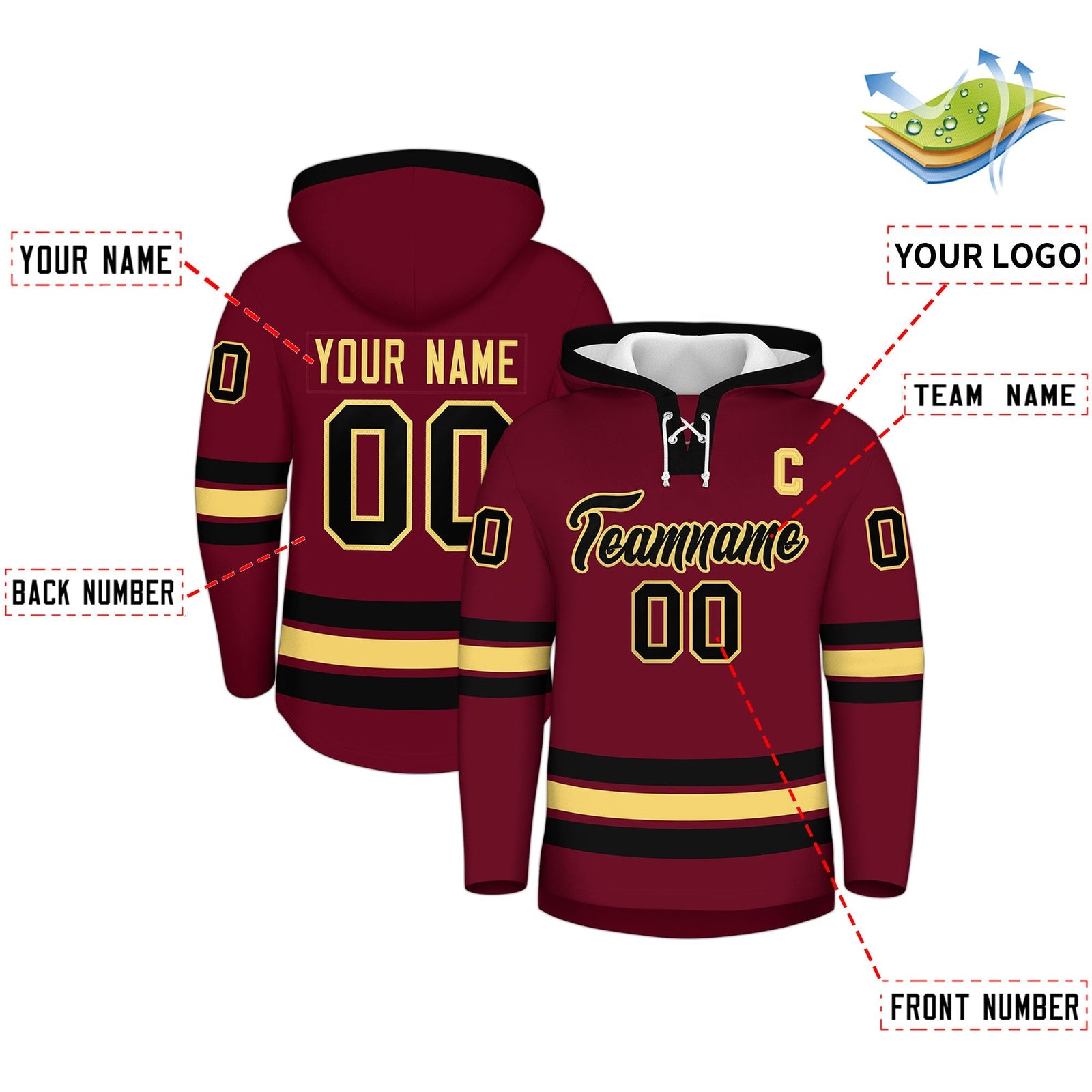 Custom Hockey Hoodie Jersey Crimson Black Classic Style Add Name,Number & Logo