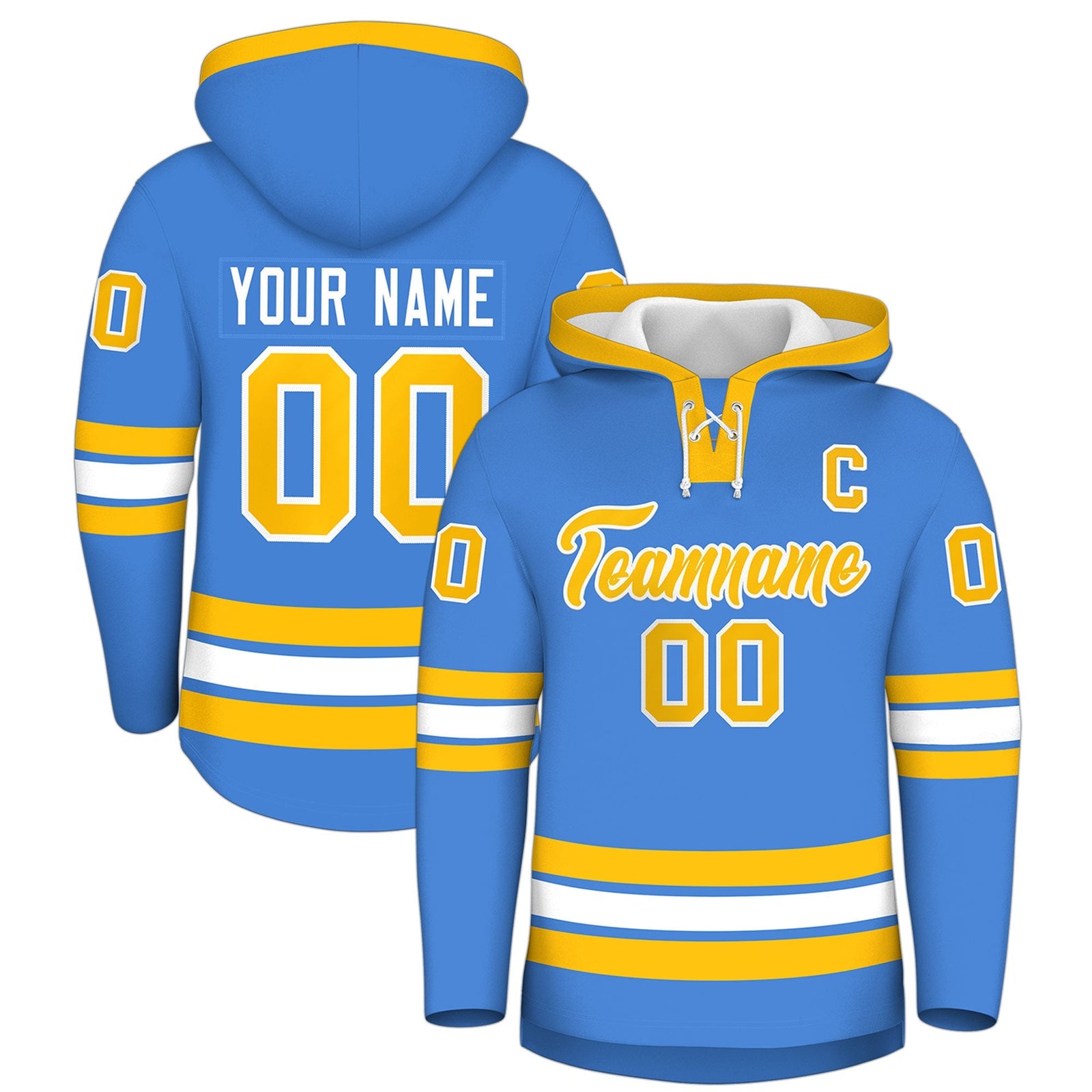 Custom Hockey Hoodie Jersey Powder Blue Gold Classic Style Add Name,Number & Logo
