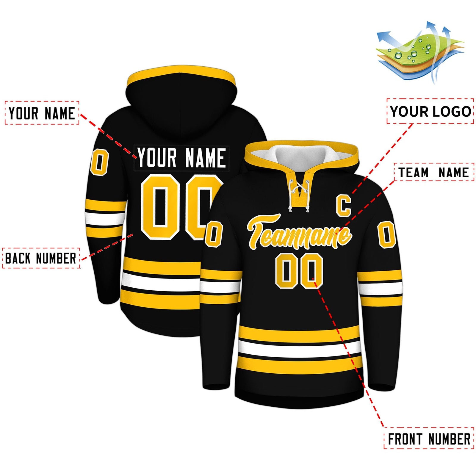 Custom Hockey Hoodie Jersey Black Gold Classic Style for Men&Youth