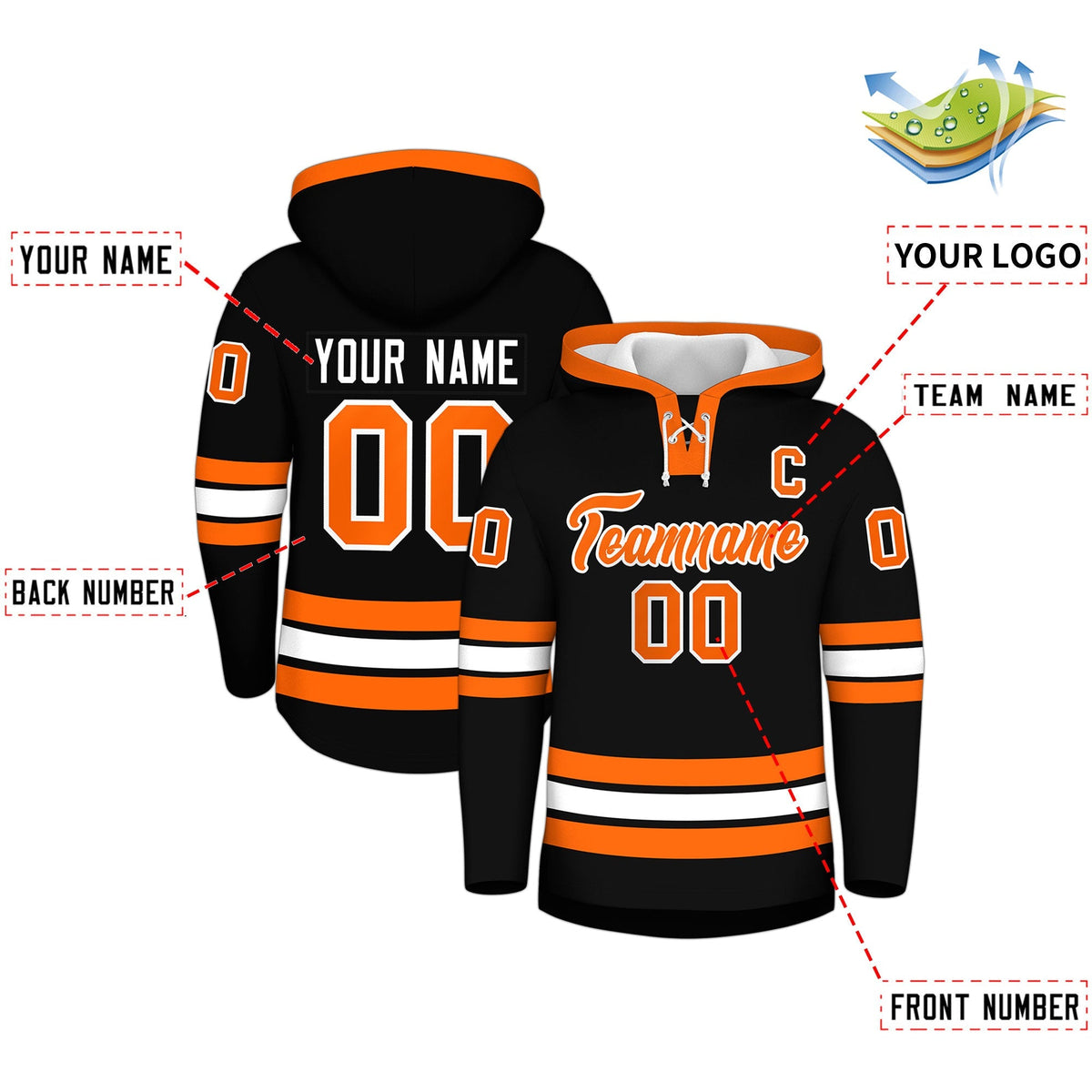 Custom Hockey Hoodie Jersey Black Orange Classic Style Add Name,Number &amp; Logo