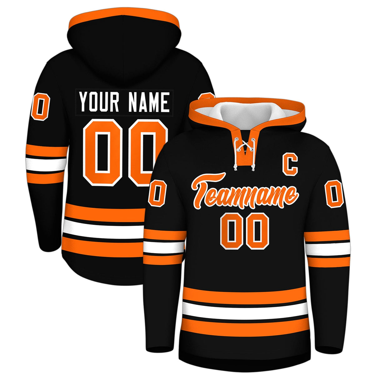 Custom Hockey Hoodie Jersey Black Orange Classic Style Add Name,Number &amp; Logo