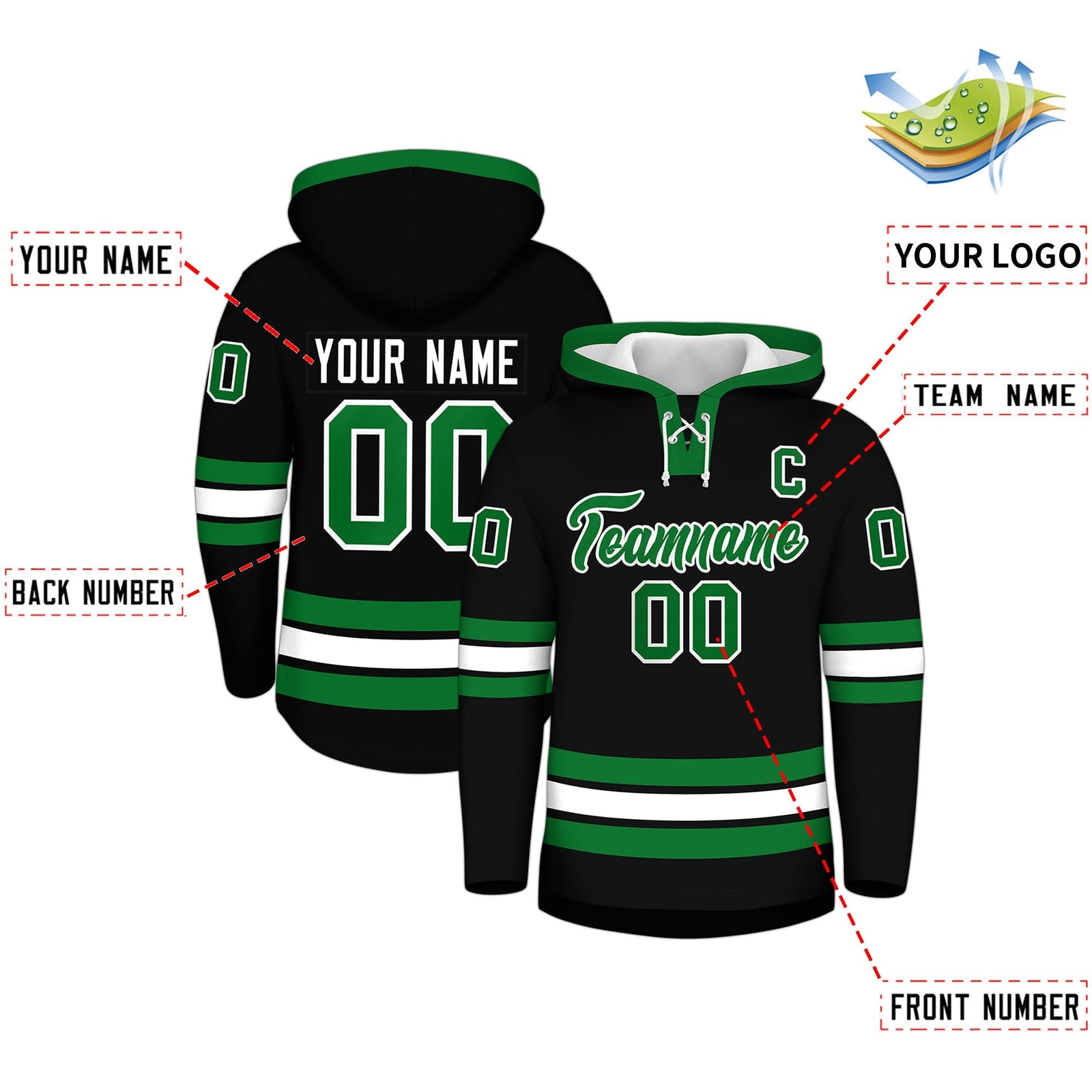 Custom Hockey Hoodie Jersey Black Kelly Green Classic Style for Men&Youth