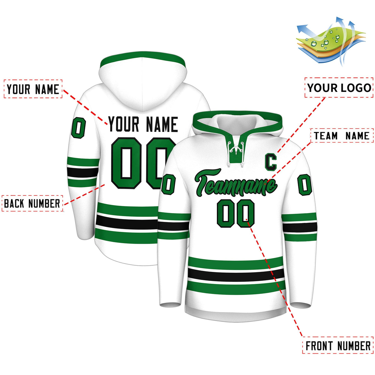 Custom Hockey Hoodie Jersey White Kelly Green Classic Style Add Name,Number &amp; Logo