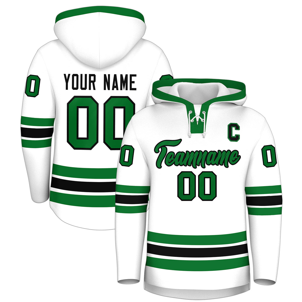 Custom Hockey Hoodie Jersey White Kelly Green Classic Style Add Name,Number &amp; Logo