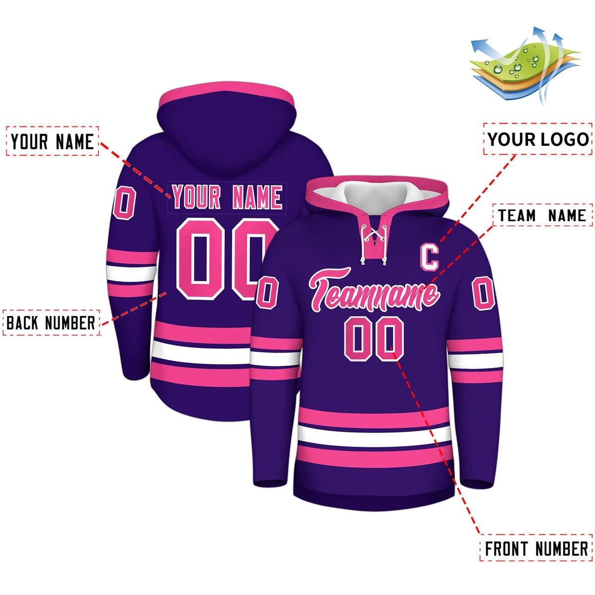 Custom Hockey Hoodie Jersey Purple Pink Classic Style for Men&amp;Youth