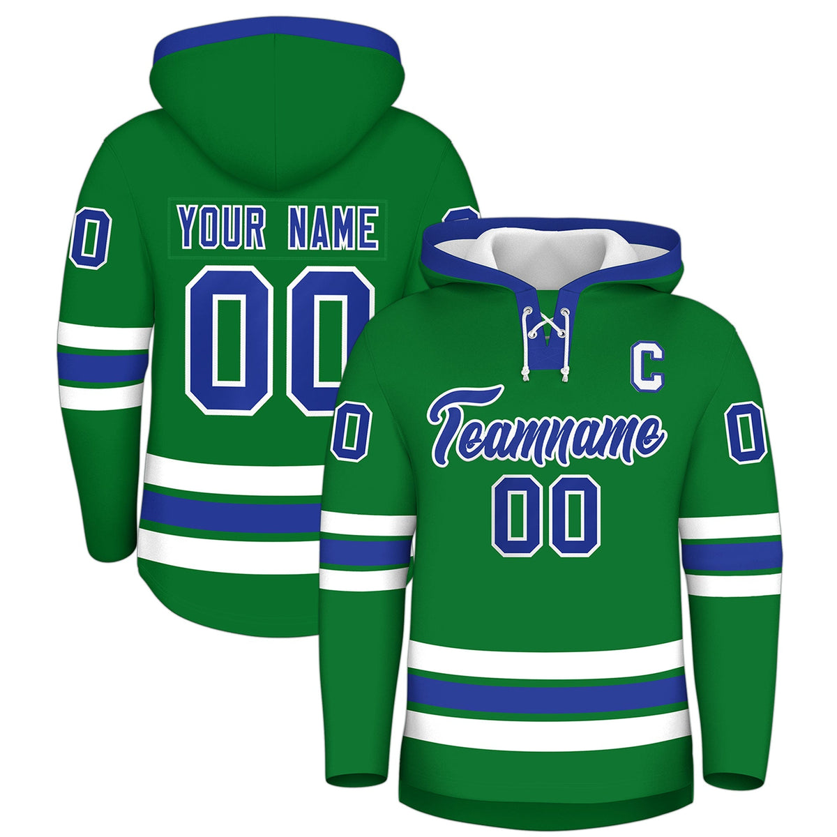 Custom Hockey Hoodie Jersey Kelly Green Royal Blue Classic Style Add Name,Number &amp; Logo