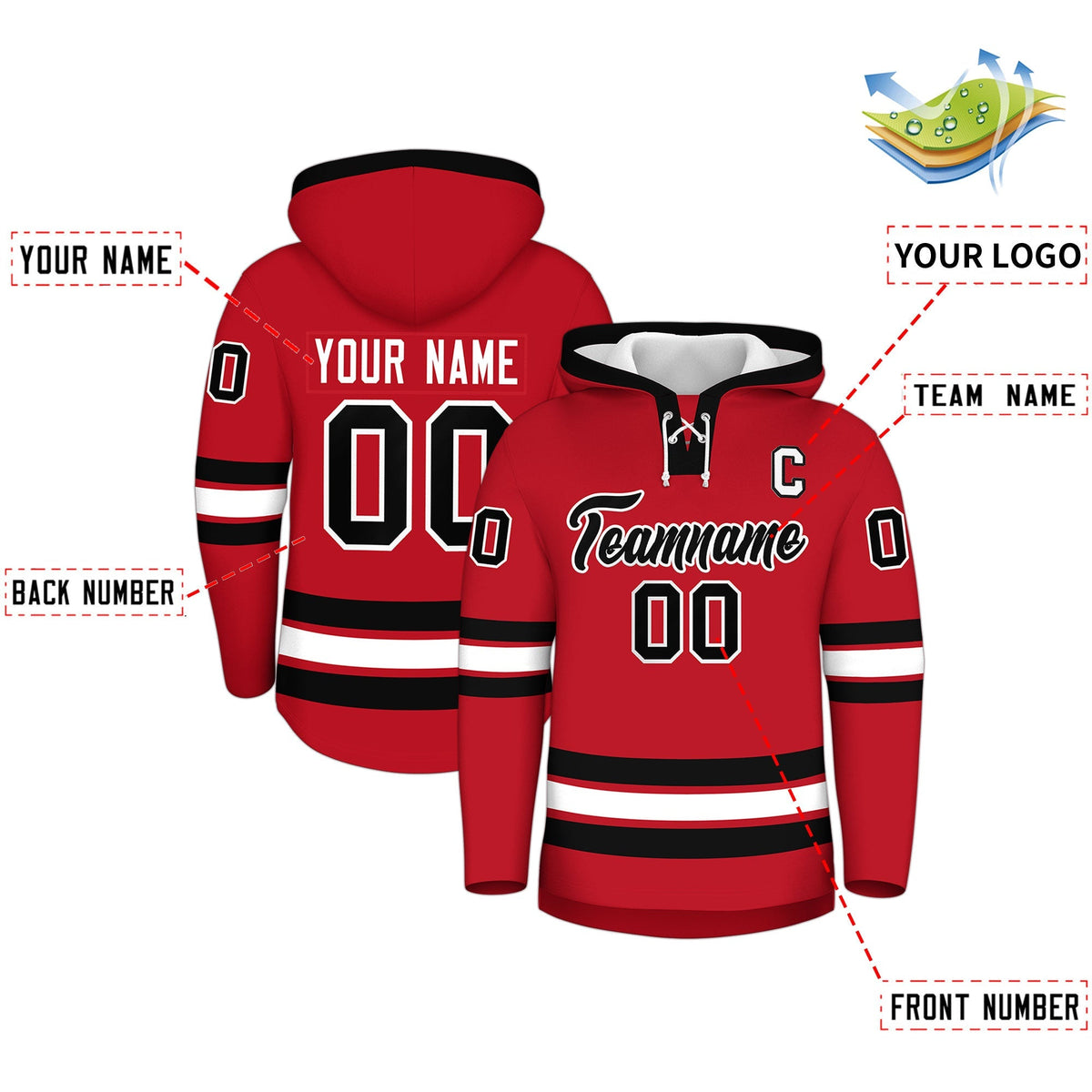 Custom Hockey Hoodie Jersey Red Black Classic Style Add Name,Number &amp; Logo
