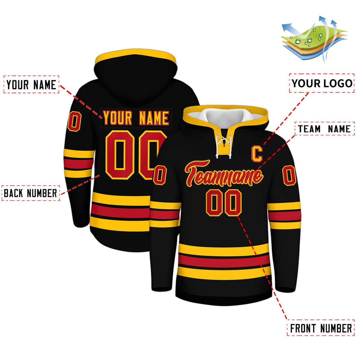 Custom Hockey Hoodie Jersey Black Red Classic Style Add Name,Number &amp; Logo