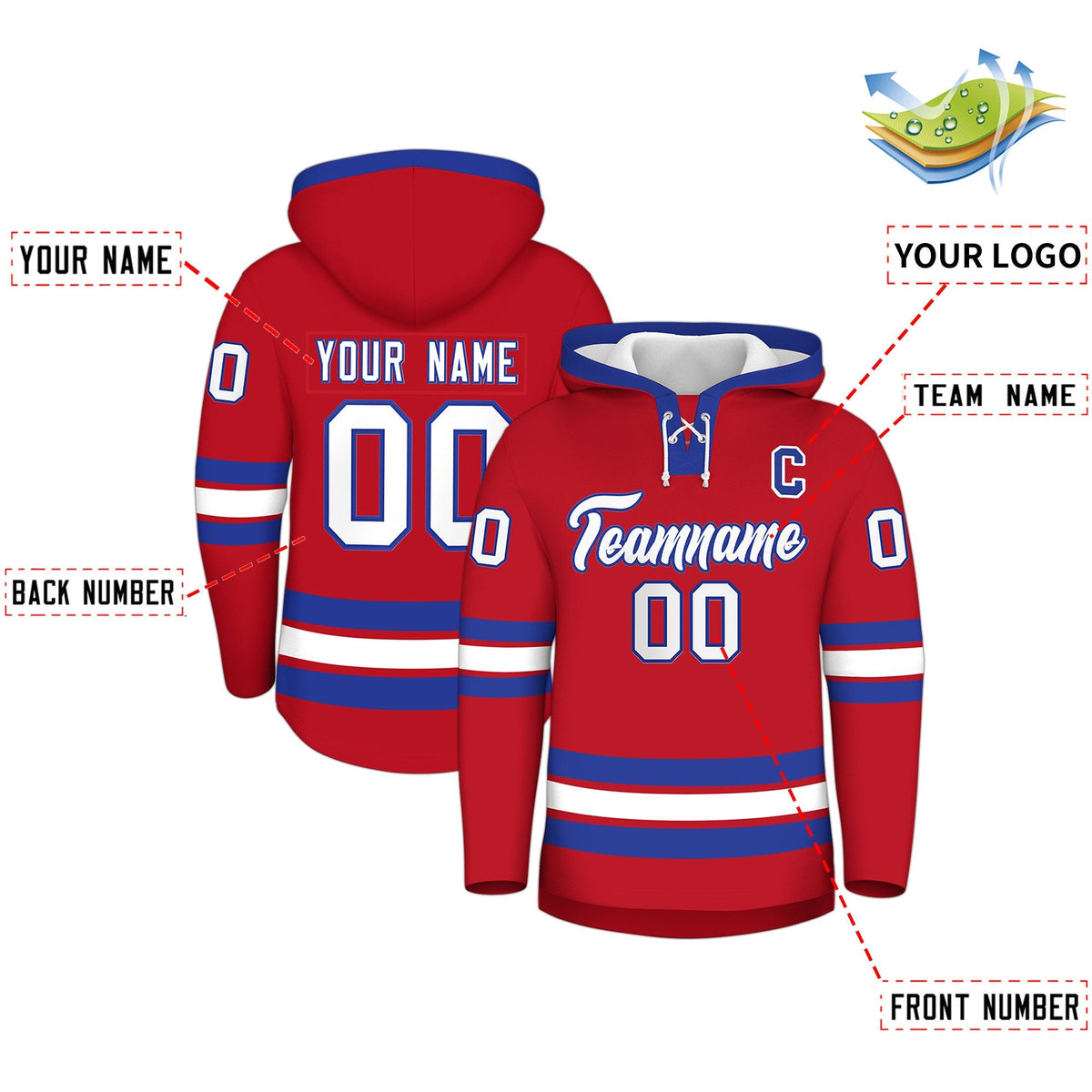 Custom Hockey Hoodie Jersey Red Royal Blue Classic Style Add Name,Number &amp; Logo