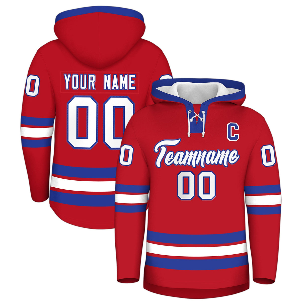 Custom Hockey Hoodie Jersey Red Royal Blue Classic Style Add Name,Number &amp; Logo
