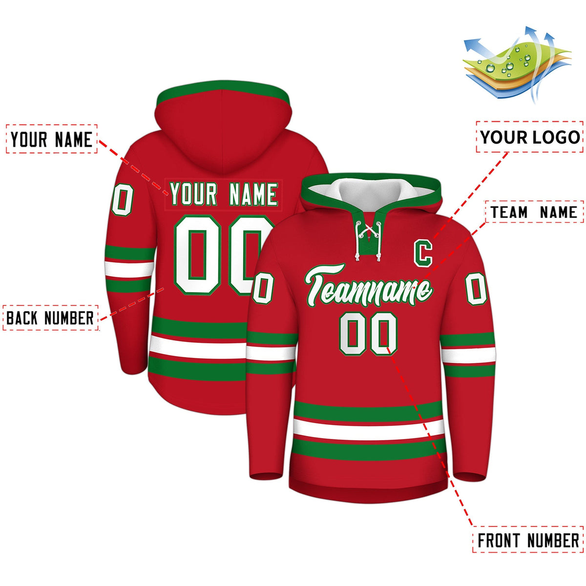 Custom Hockey Hoodie Jersey Red Kelly Green Classic Style for Men&amp;Youth