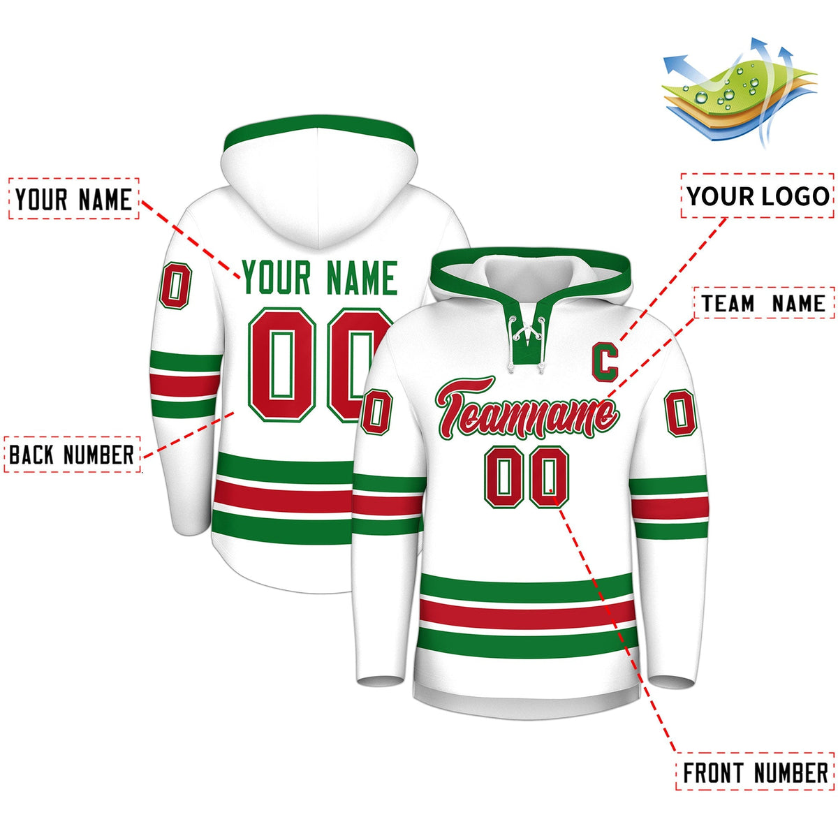 Custom Hockey Hoodie Jersey White Kelly Green Classic Style Add Name,Number &amp; Logo