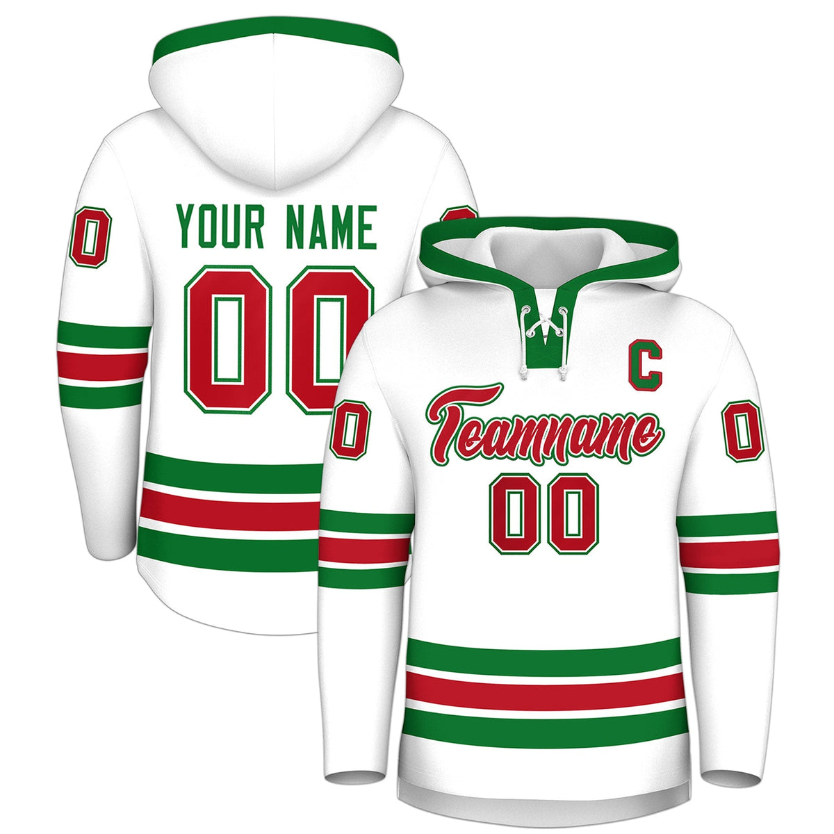 Custom Hockey Hoodie Jersey White Kelly Green Classic Style Add Name,Number &amp; Logo