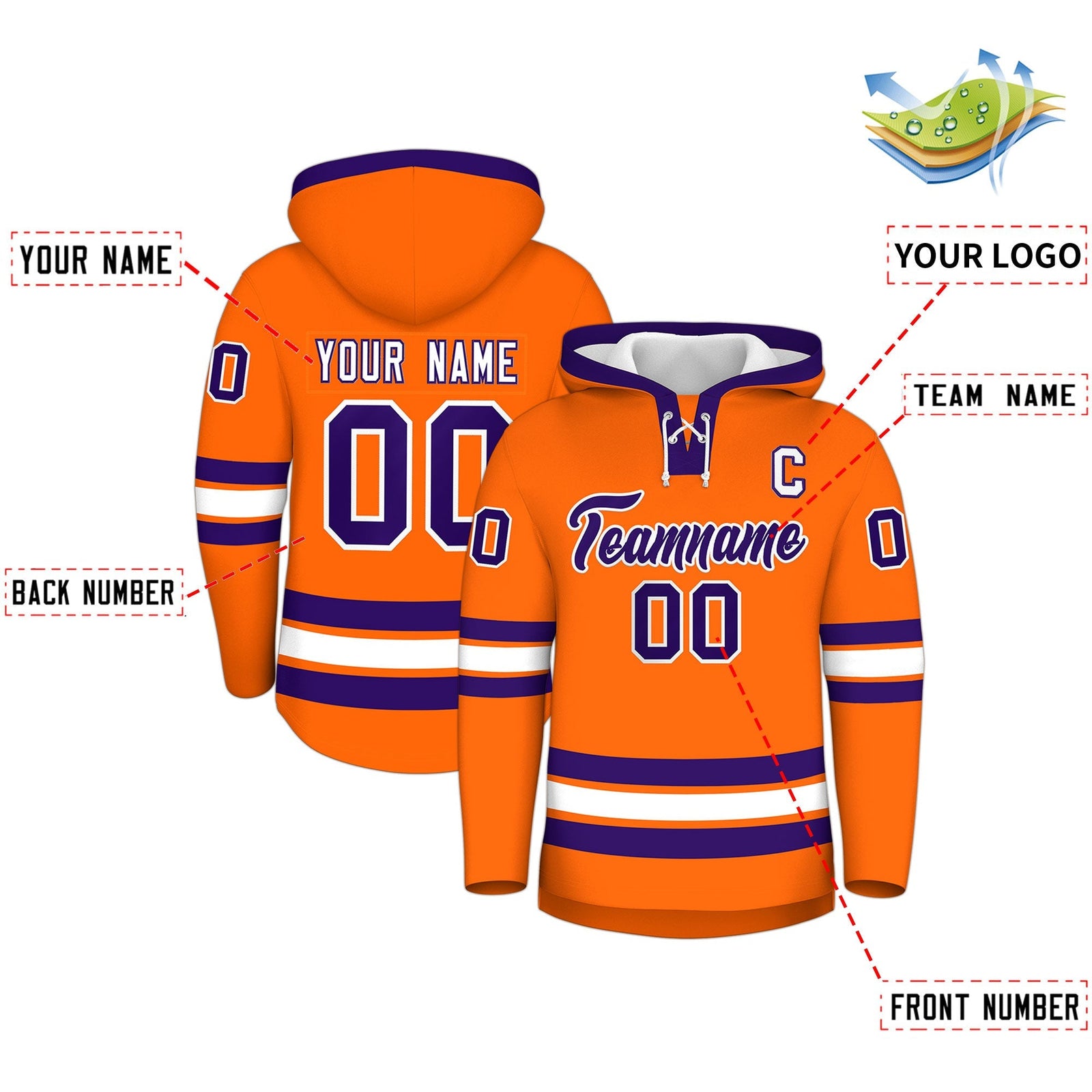 Custom Hockey Hoodie Jersey Orange Purple Classic Style for Men&Youth
