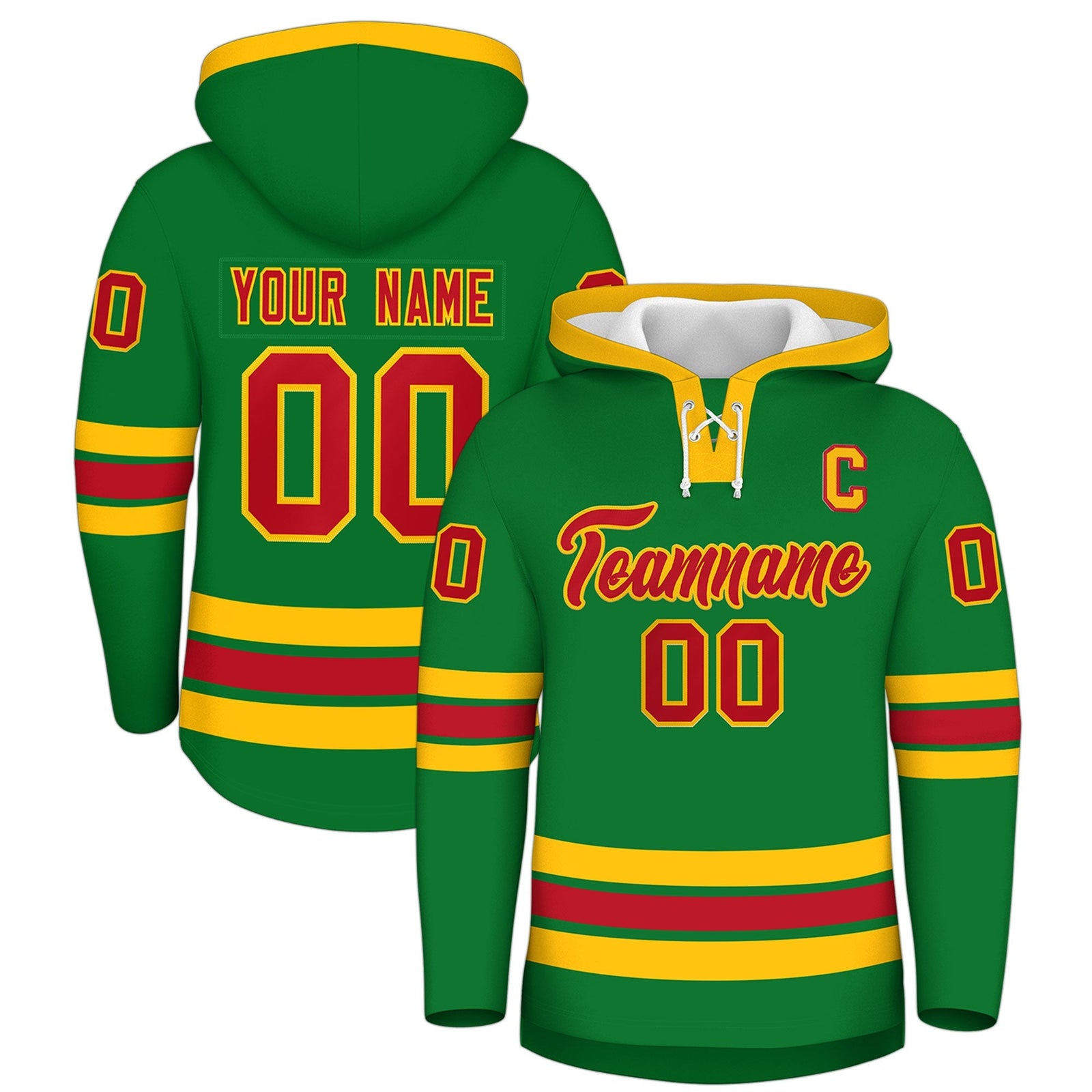 Custom Hockey Hoodie Jersey Kelly Green Red Classic Style Add Name,Number & Logo