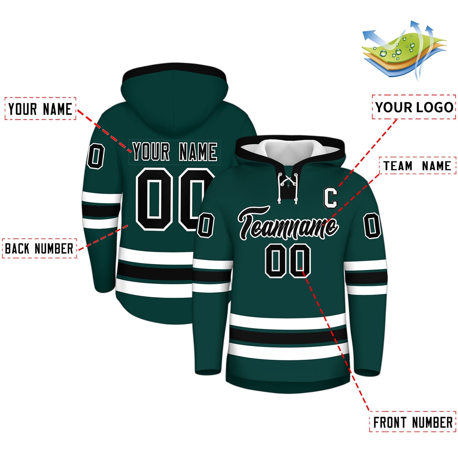 Custom Hockey Hoodie Jersey Midnight Green Black Classic Style Add Name,Number & Logo