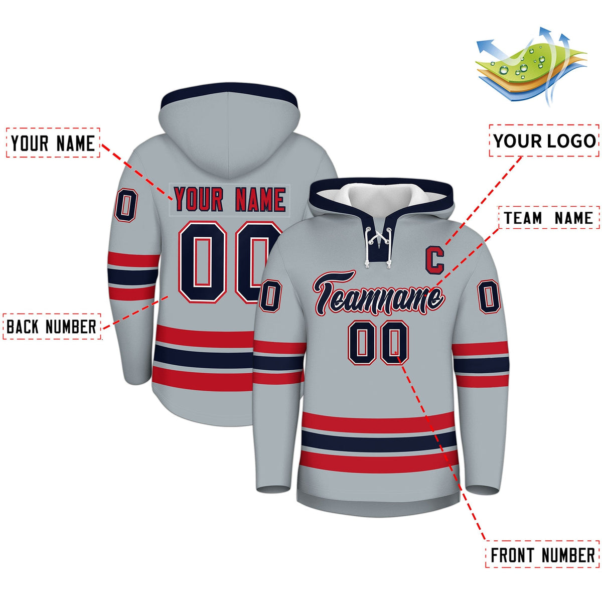 Custom Hockey Hoodie Jersey Silver Navy Classic Style Add Name,Number &amp; Logo