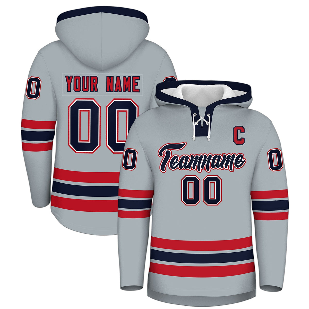 Custom Hockey Hoodie Jersey Silver Navy Classic Style Add Name,Number &amp; Logo