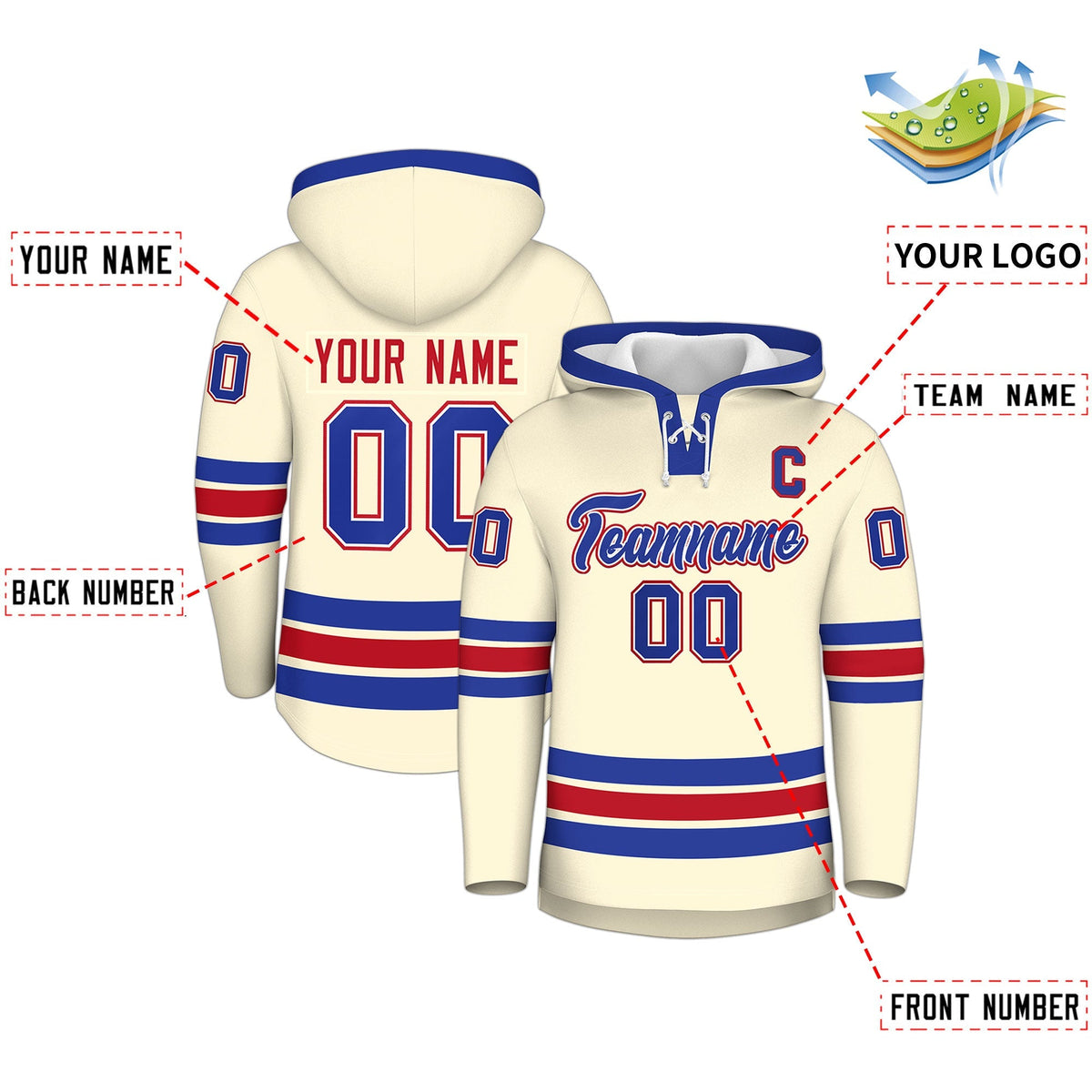 Custom Hockey Hoodie Jersey Cream Royal Blue Classic Style Add Name,Number &amp; Logo
