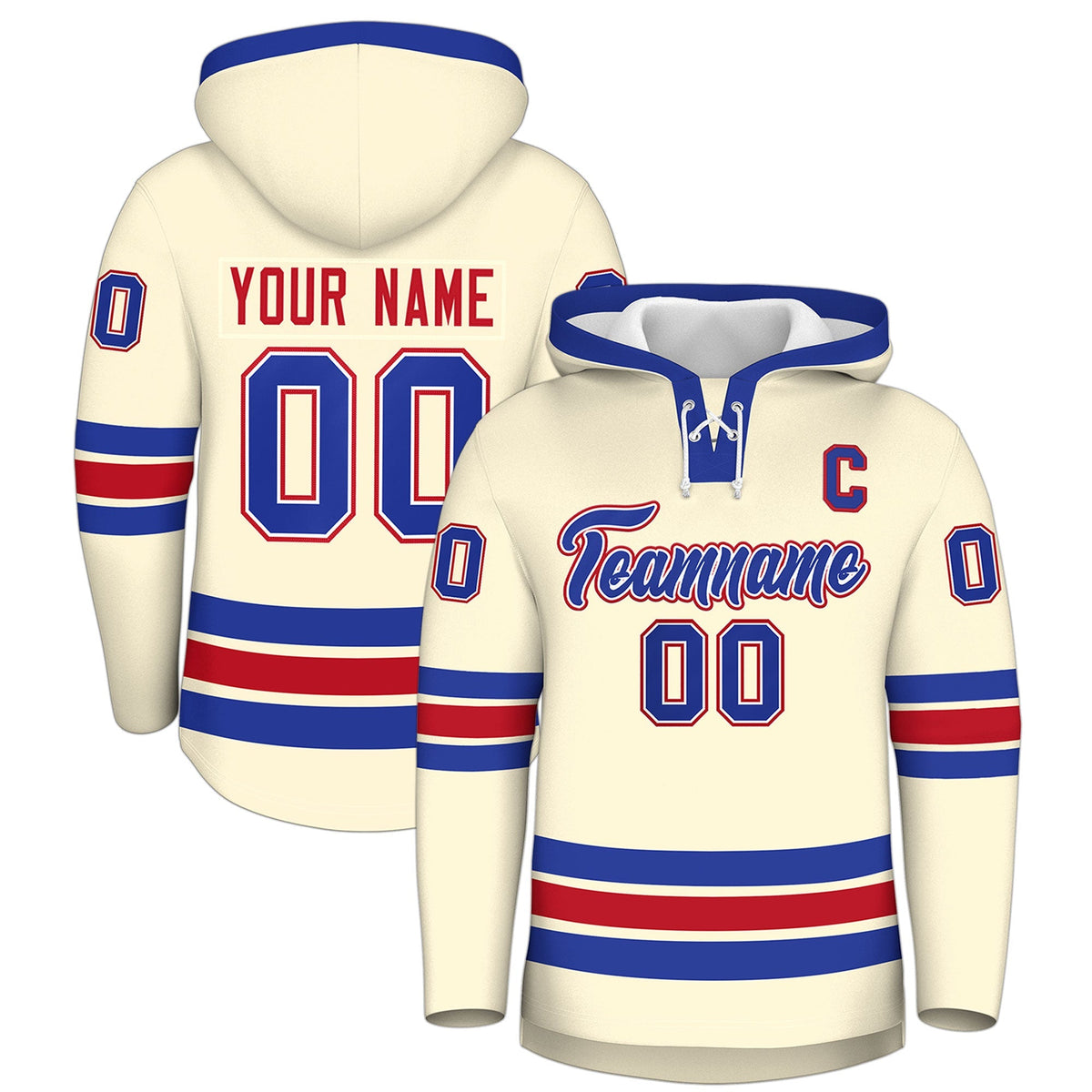 Custom Hockey Hoodie Jersey Cream Royal Blue Classic Style Add Name,Number &amp; Logo