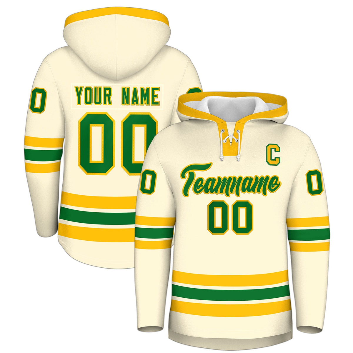 Custom Hockey Hoodie Jersey Cream Kelly Green Classic Style Add Name,Number &amp; Logo