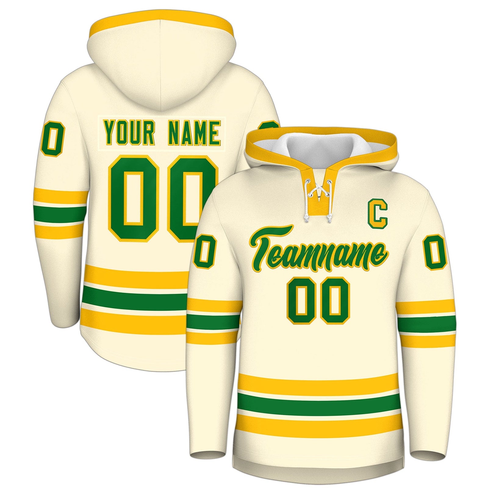 Custom Hockey Hoodie Jersey Cream Kelly Green Classic Style Add Name,Number & Logo