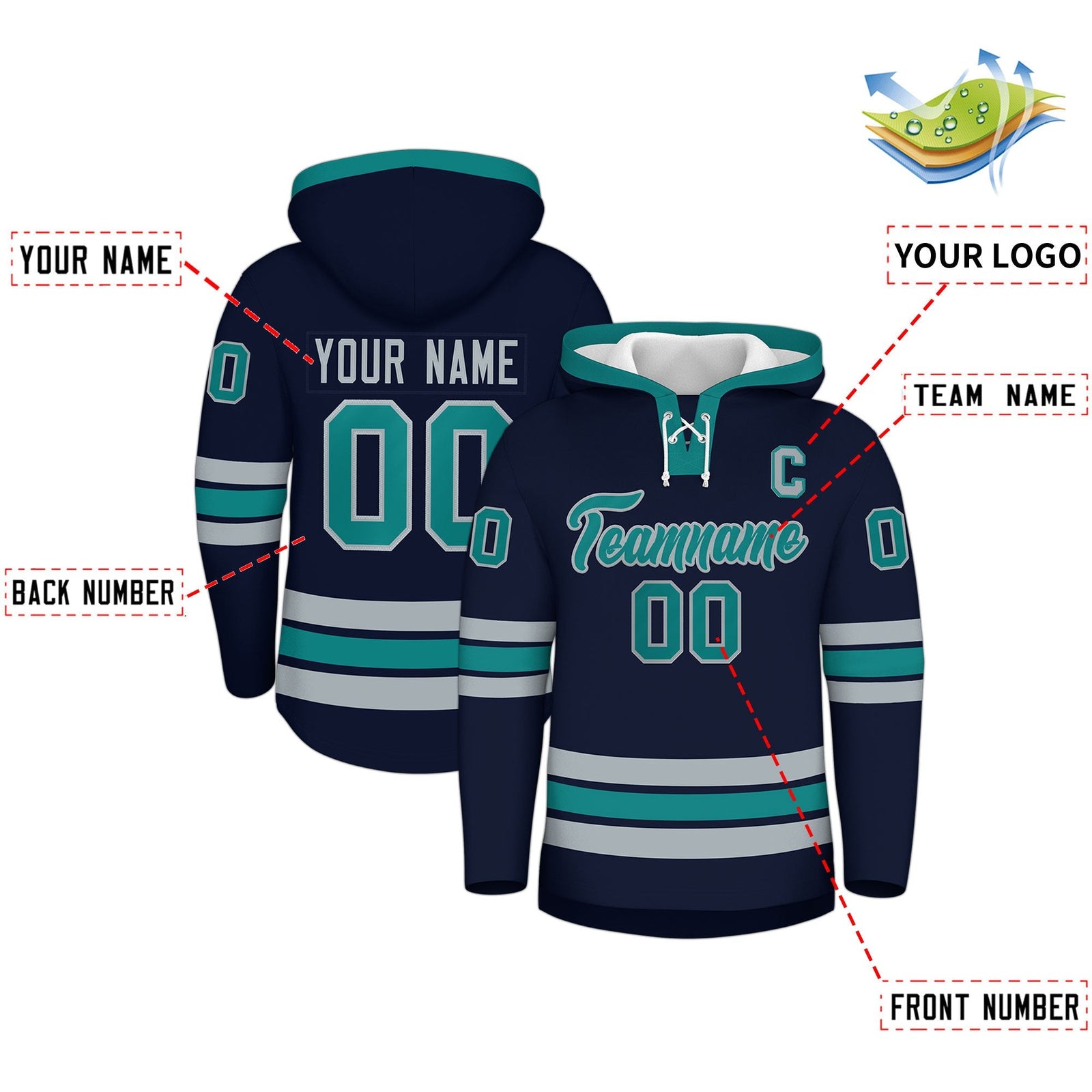 Custom Hockey Hoodie Jersey Navy Teal Classic Style for Men&Youth