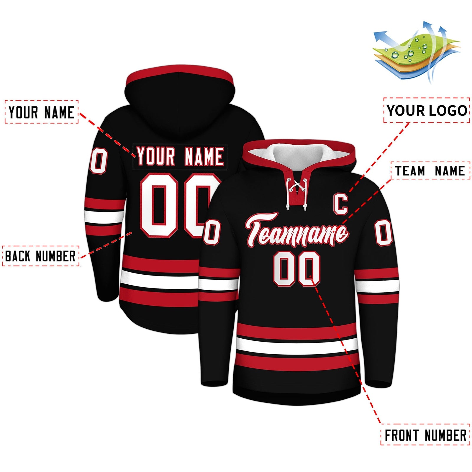 Custom Hockey Hoodie Jersey Black Red Classic Style Add Name,Number & Logo