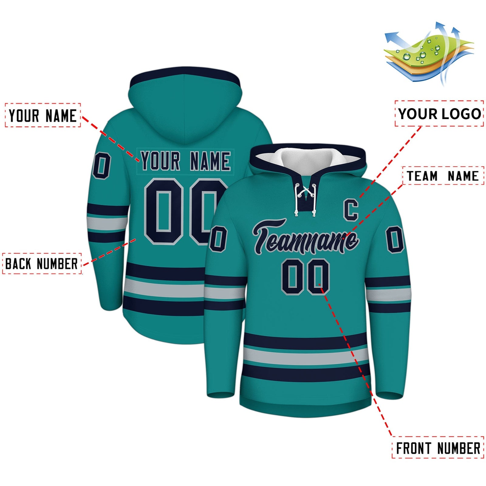 Custom Hockey Hoodie Jersey Teal Navy Classic Style Add Name,Number & Logo