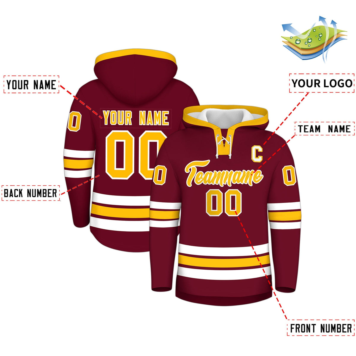 Custom Hockey Hoodie Jersey Crimson Gold Classic Style Add Name,Number &amp; Logo