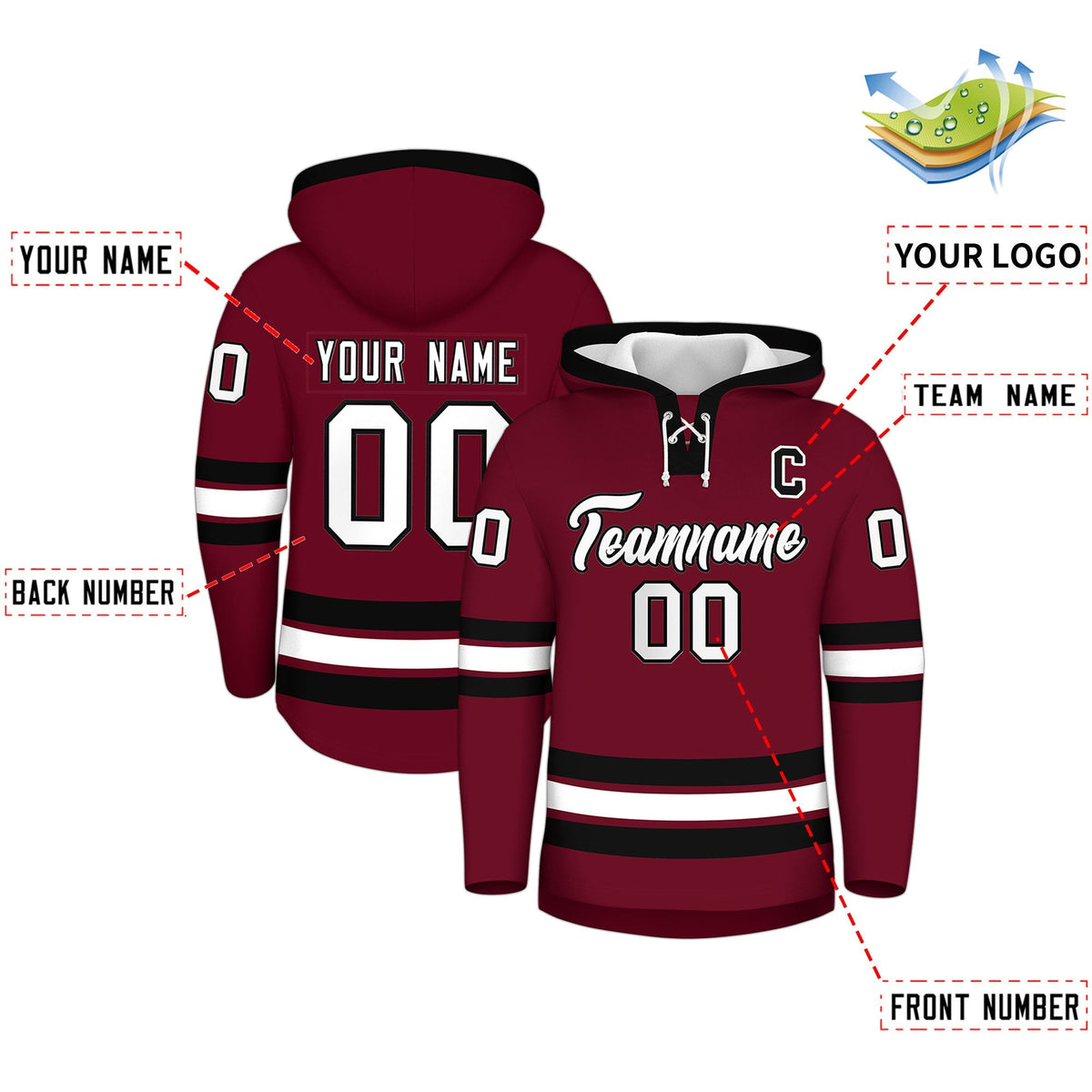Custom Hockey Hoodie Jersey Crimson Black Classic Style Add Name,Number &amp; Logo