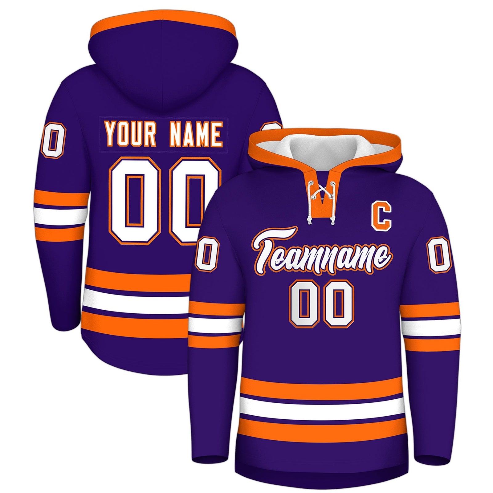 Custom Hockey Hoodie Jersey Purple Orange Classic Style Add Name,Number & Logo