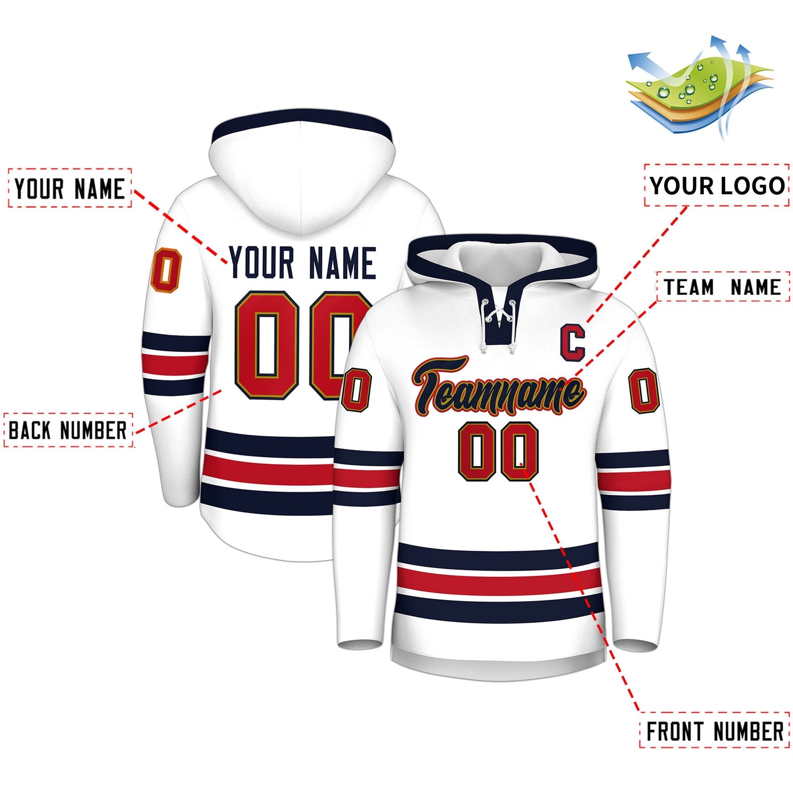 Custom Hockey Hoodie Jersey White Navy Classic Style Add Name,Number & Logo
