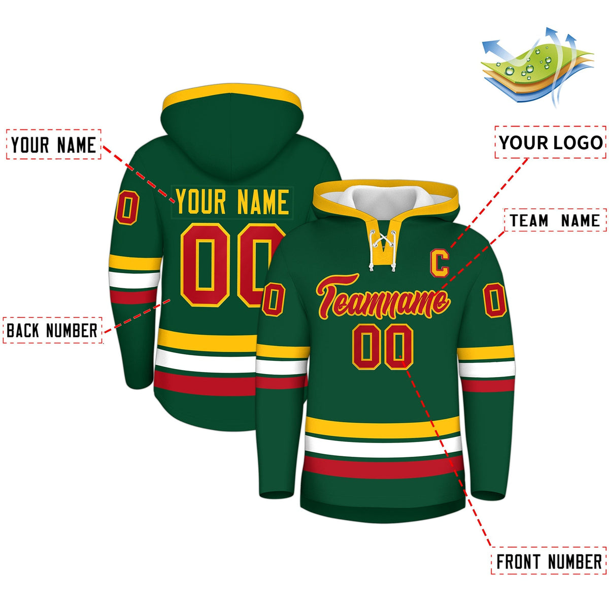 Custom Hockey Hoodie Jersey Dark Green Gold Classic Style Add Name,Number &amp; Logo