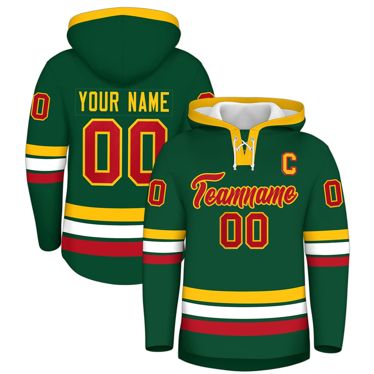 Custom Hockey Hoodie Jersey Dark Green Gold Classic Style Add Name,Number &amp; Logo