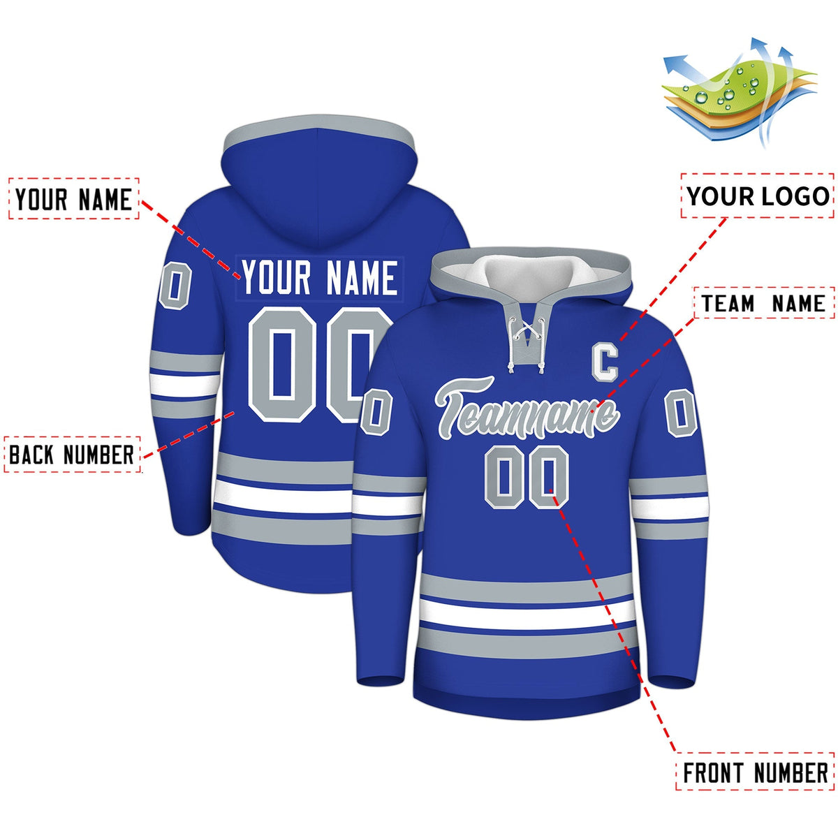Custom Hockey Hoodie Jersey Royal Blue Silver Classic Style for Men&amp;Youth