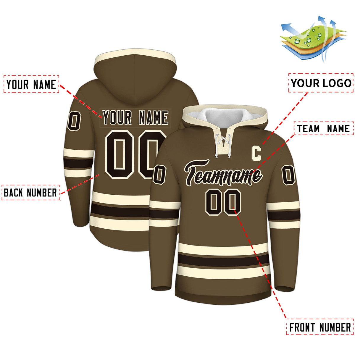 Custom Hockey Hoodie Jersey Light Brown Cream Classic Style Add Name,Number &amp; Logo