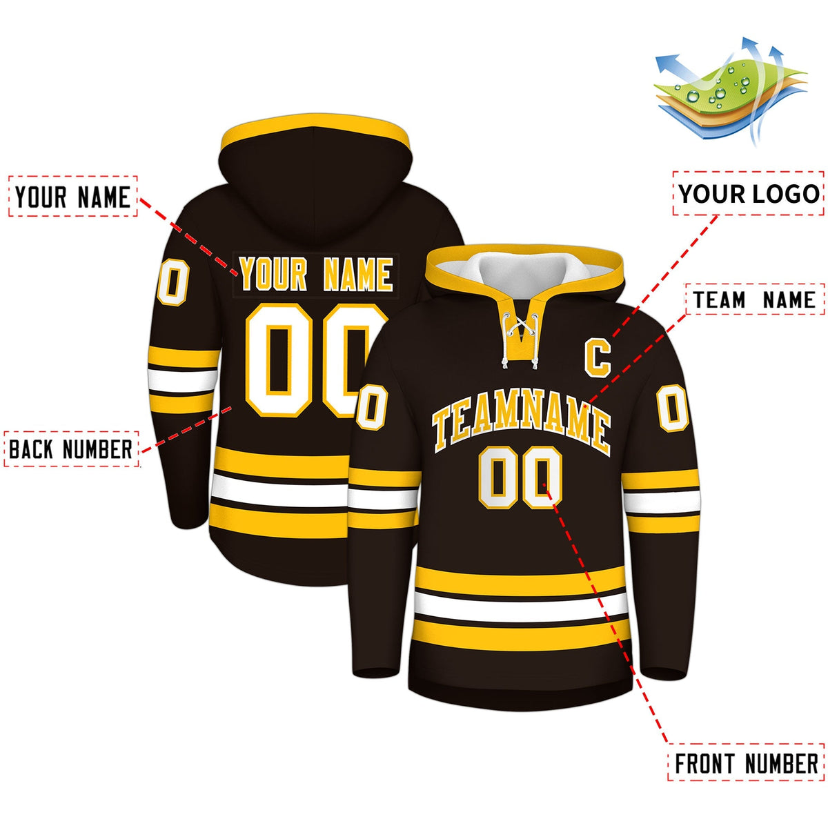 Custom Hockey Hoodie Jersey Brown Gold Classic Style Add Name,Number &amp; Logo