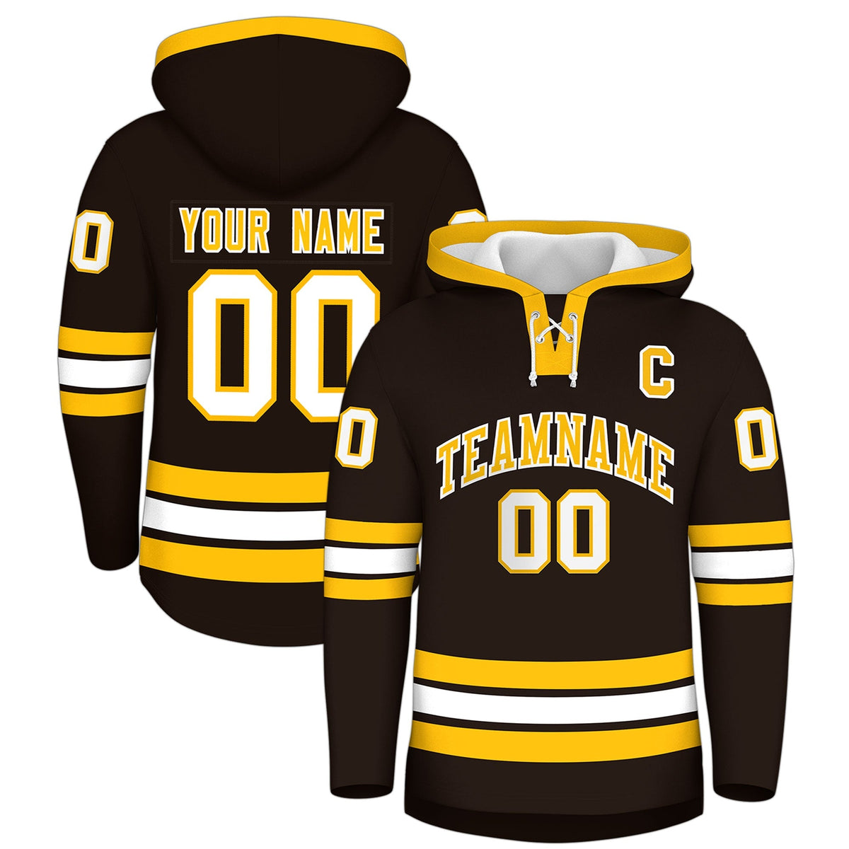 Custom Hockey Hoodie Jersey Brown Gold Classic Style Add Name,Number &amp; Logo