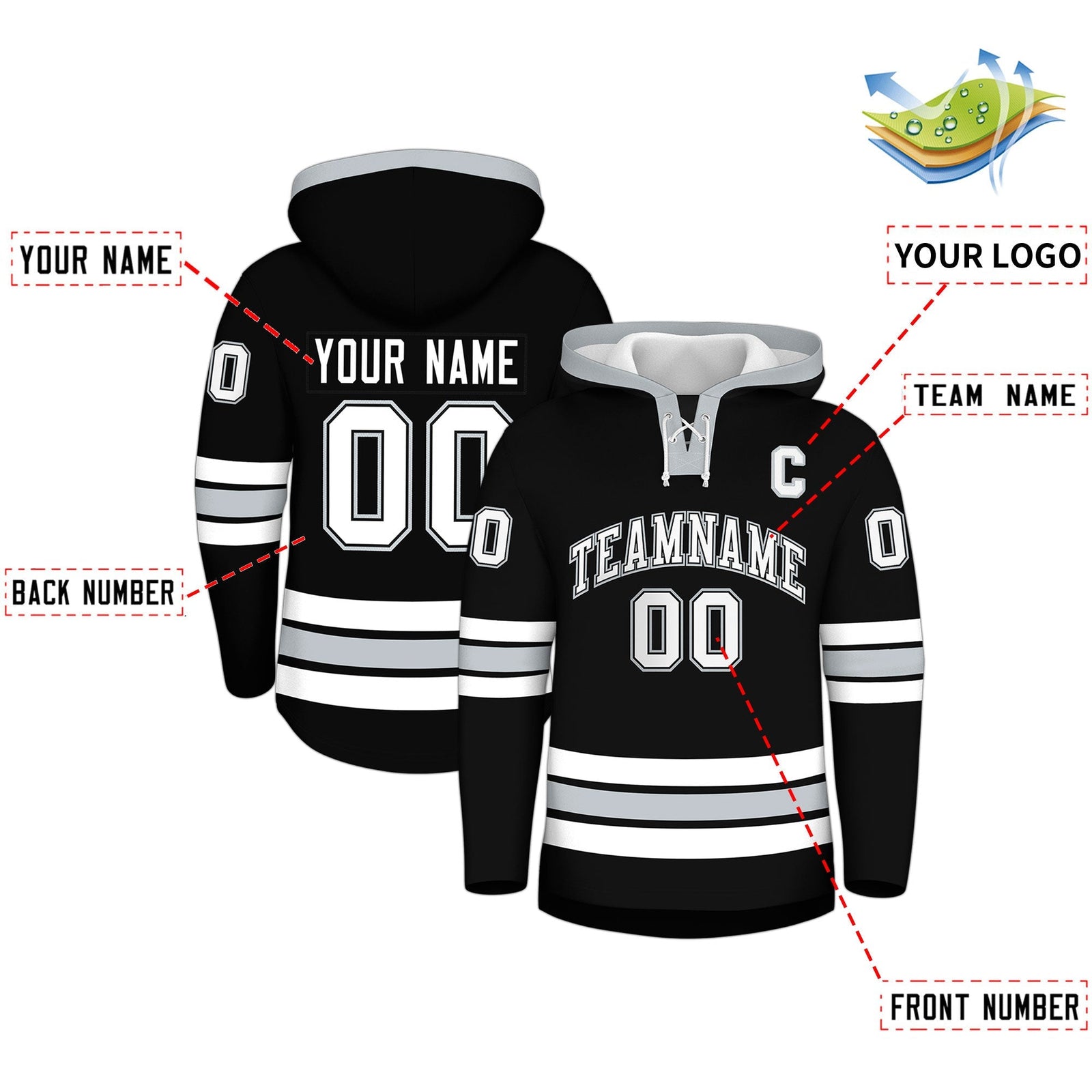 Custom Hockey Hoodie Jersey Black Silver Classic Style for Men&Youth