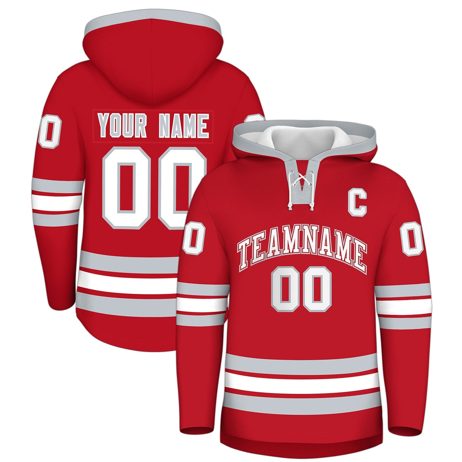 Custom Hockey Hoodie Jersey Red Silver Classic Style Add Name,Number & Logo