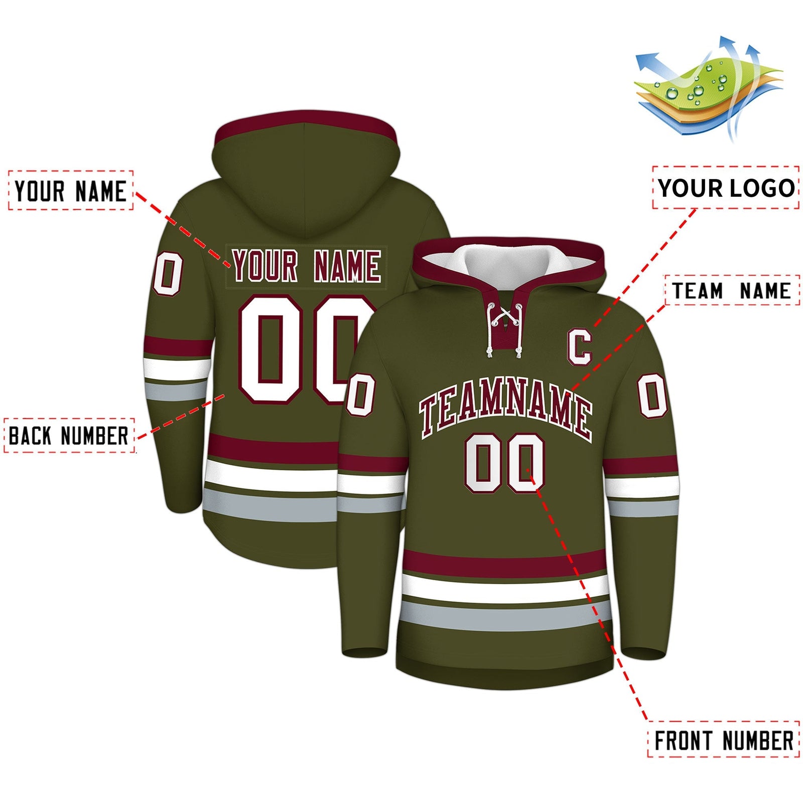Custom Hockey Hoodie Jersey Olive Crimson Classic Style Add Name,Number & Logo