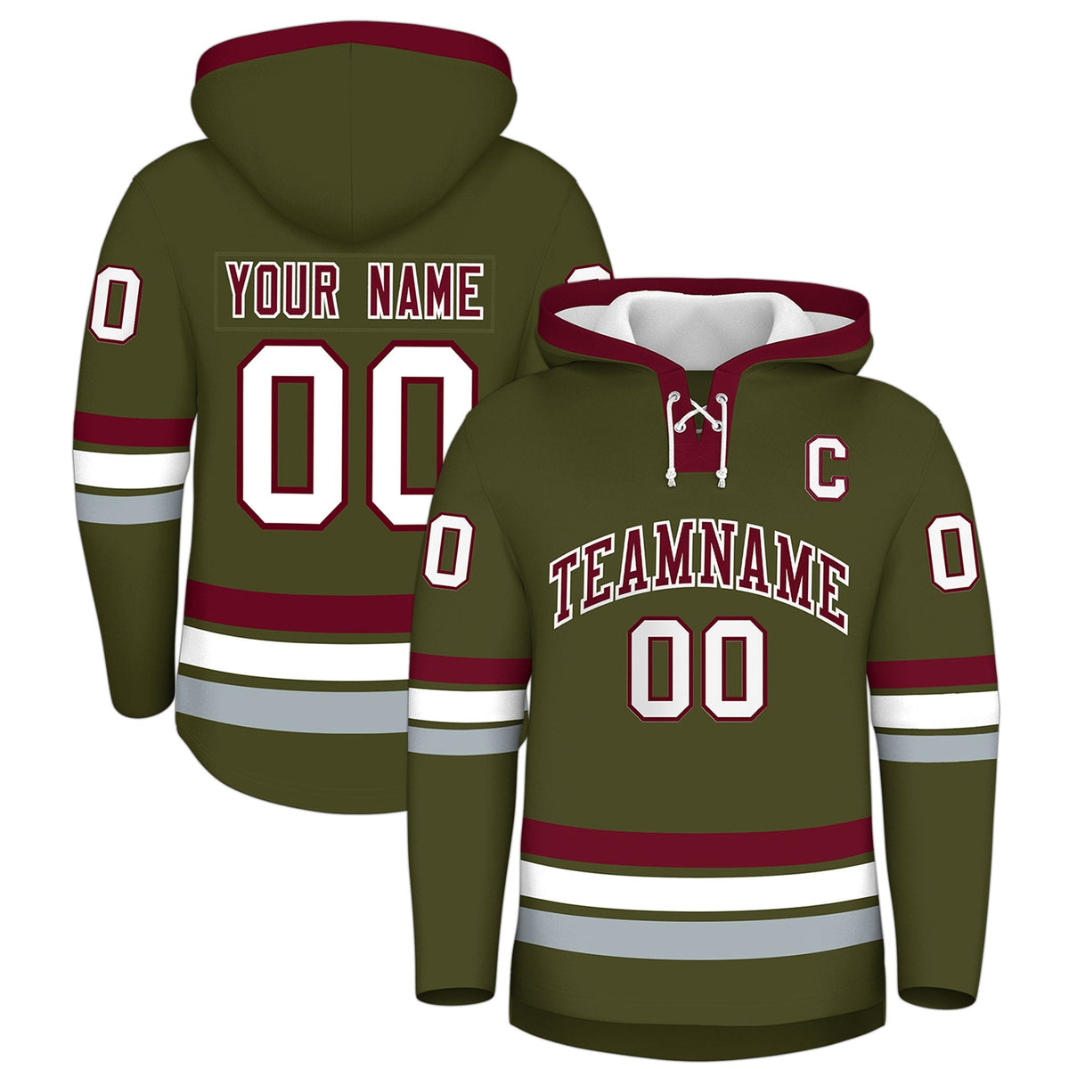 Custom Hockey Hoodie Jersey Olive Crimson Classic Style Add Name,Number &amp; Logo