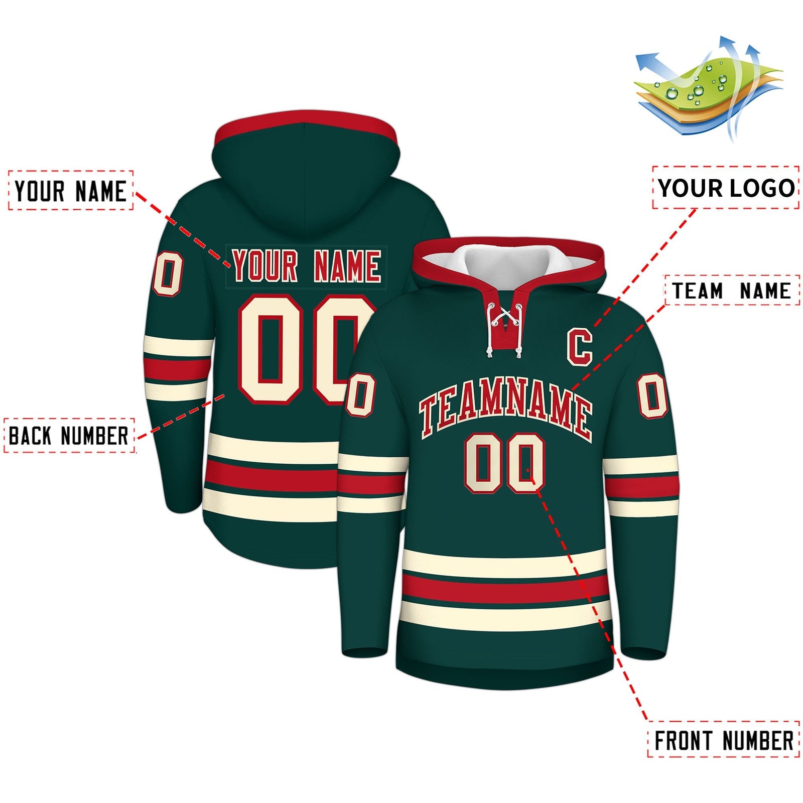 Custom Hockey Hoodie Jersey Midnight Green Red Classic Style Add Name,Number & Logo