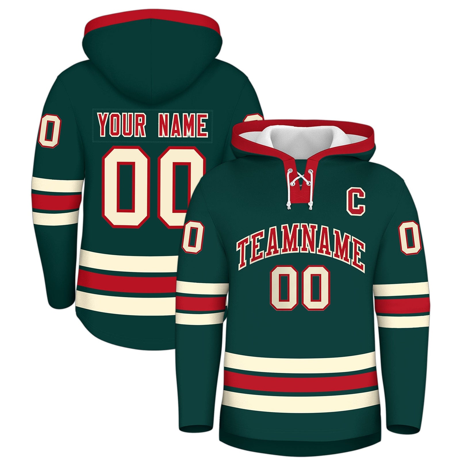Custom Hockey Hoodie Jersey Midnight Green Red Classic Style Add Name,Number & Logo