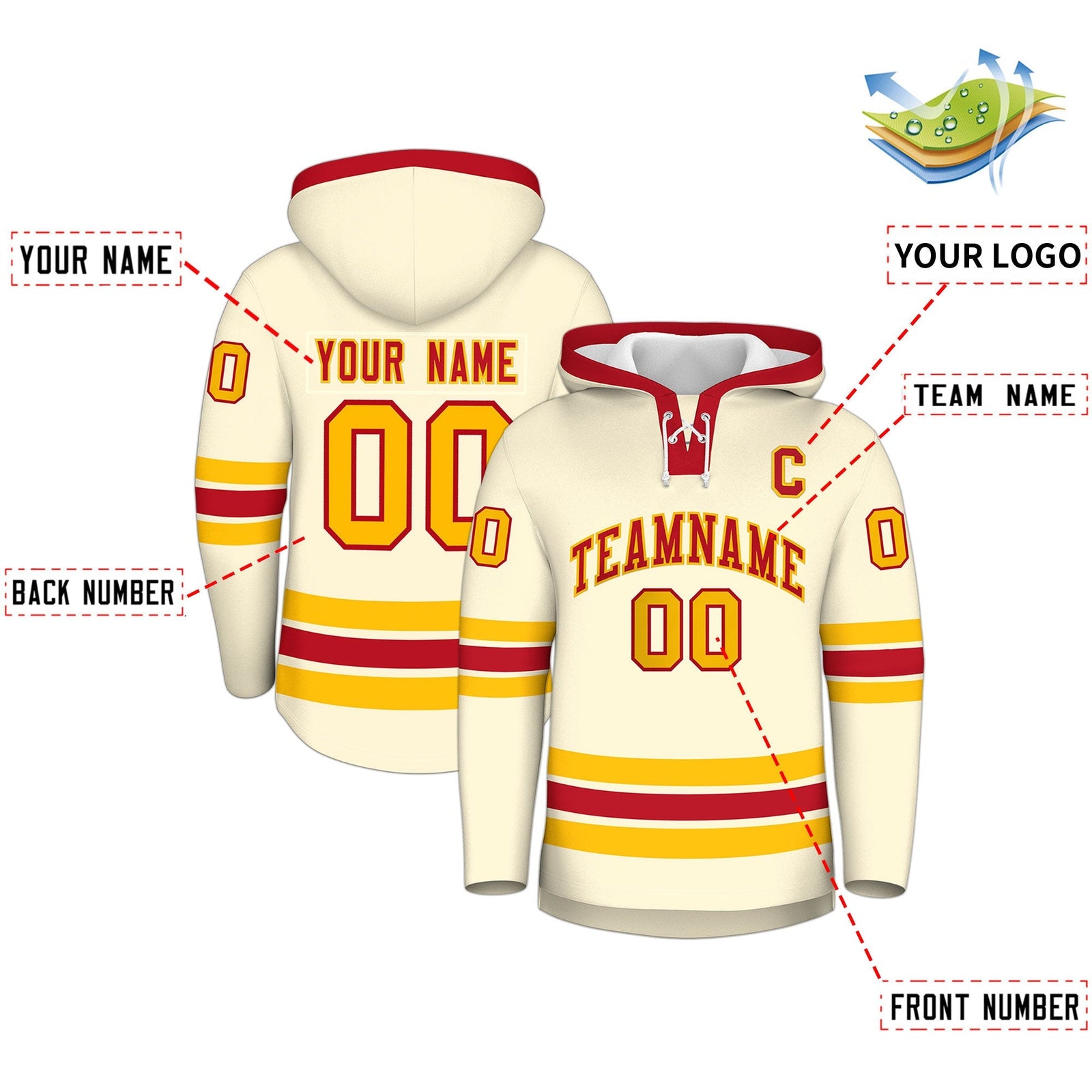 Custom Hockey Hoodie Jersey Cream Red Classic Style Add Name,Number & Logo
