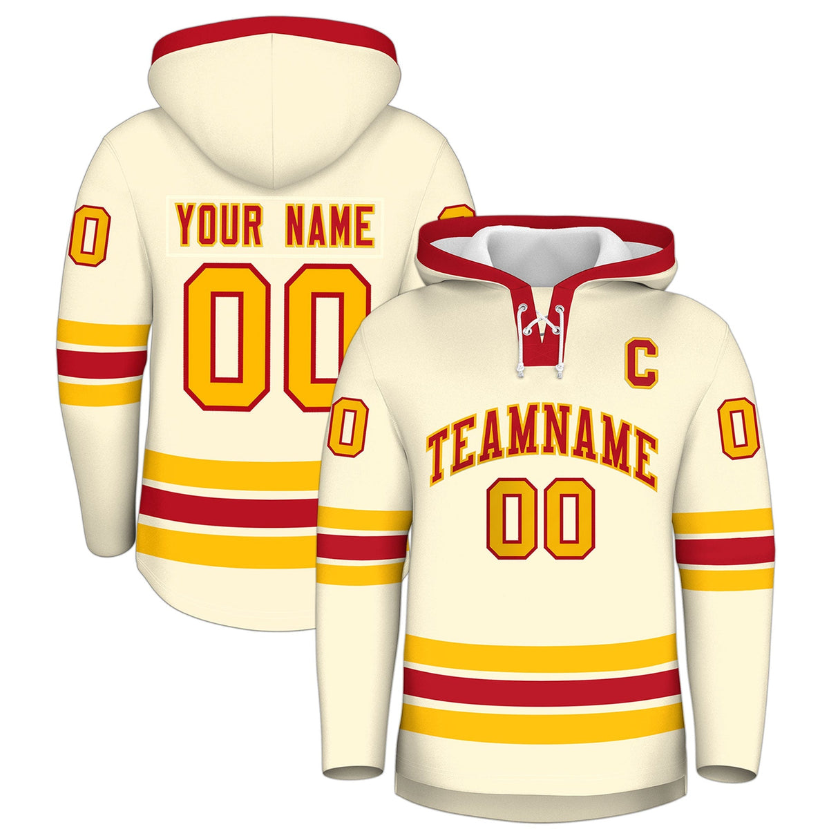 Custom Hockey Hoodie Jersey Cream Red Classic Style Add Name,Number &amp; Logo